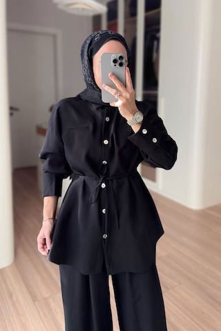 Ka Hijab Bağcıklı Bluz Pantolon Takım - Siyah