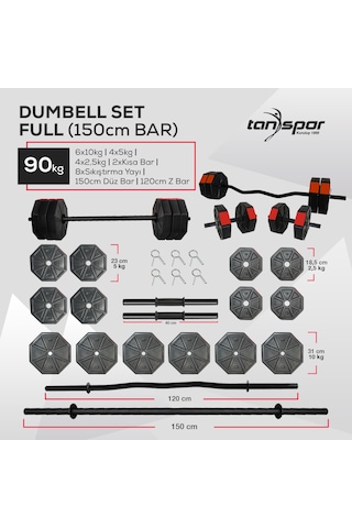Tanspor 90 Kg Dambıl Halter Full Kısa Bar + Düz Bar (150 cm) + Z Bar (120 cm) Set Mavi Kapaklı