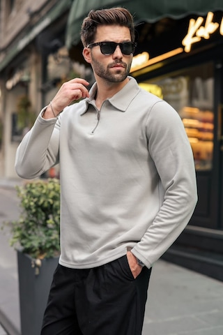 Madmext Boyalı Gri Yarım Fermuarlı Polo Yaka Dokulu Erkek Sweatshırt E7197