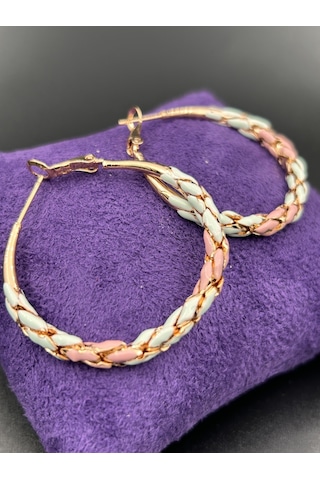 Çelik Yuvarlak Halka Mavi Yeşil Örgü Model Günlük Abiye Rose Gold Küpe