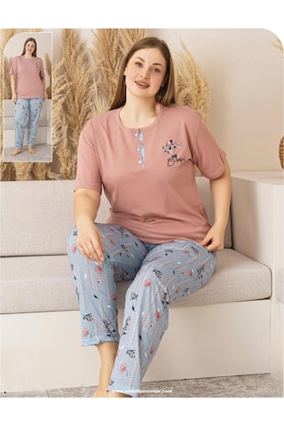Sude Kadın Büyük Beden Düğme Yaka Penye Kısa Kol İnce Pijama Takımı P127 - 1 Adet Pudra