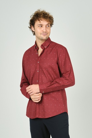 De Leone Erkek Slim Fit Desenli Uzun Kollu %100 Pamuk Gömlek 2045 Kırmızı Kırmızı