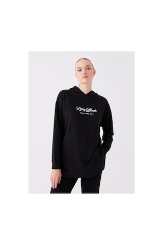LC Waikiki Lcwaıkıkı Basic Siyah Baskılı Uzun Kollu Oversize Kadın Hoodie Black