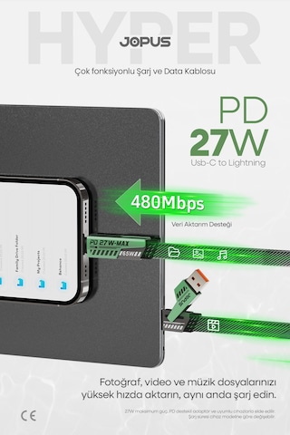 4in1 65w Pd Hızlı Şarj Kablosu İphone Android Uyumlu Type C Lightning Kumaş Örgü Data Pro 1.5 Metre -