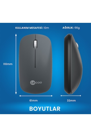 Lecoo Ws214 Kablosuz 1200dpı 3 Tuşlu Optik Mouse Gri Ws214