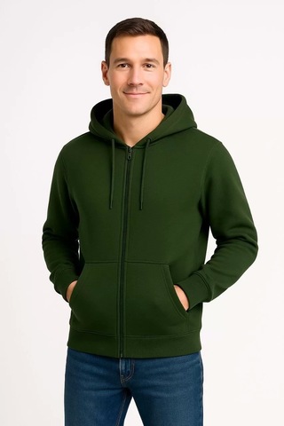Cvs Giyim Erkek Üç İplik Kapüşonlu Tam Fermuarlı Kanguru Çepli Sweatshirt Hoodie - Haki Haki