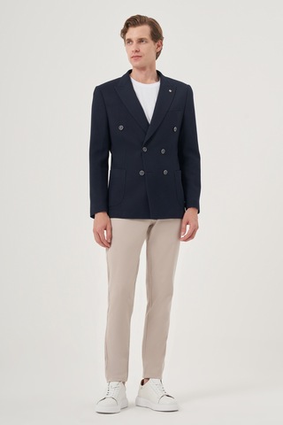 Morven Erkek Lacivert Poliviskon Kruvaze Desenli Slim Fit Sivri Yaka Ceket 25ms002022200 Lacivert