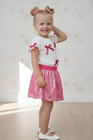 My Kids Wear Kız Çocuk Fiyonk Detaylı Payet Etekli Şık Takım 3-10 Yaş 12503 Açık Pembe