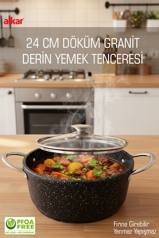 Orta Boy Derin Döküm Granit Yapışmaz Fırına Girebilir Yemek Tenceresi 24 Cm Siyah