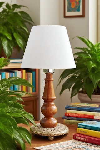 Ahşap Gövdeli Kumaş Başlıklı Dekoratif Abajur Masa Lambası Aydınlatma Lamba Beyaz