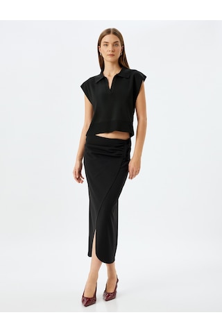 Koton Slim Fit Drapeli Midi Boy Asimetrik Kruvaze Etek Siyah 5sak10037ek Siyah