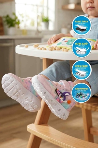 Ruffon Pudra Cırtlı Işıklı Fileli Hafif Bebek Spor Ayakkabı 1015 B