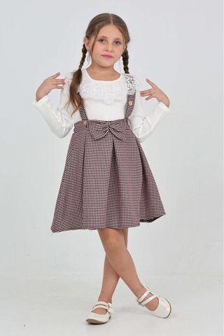 Kız Çocuk Dantel Yakalı Salopet Askılı Kazayağı Desenli 2'li Elbise 12304 Koyu Pembe