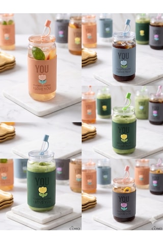 Minnoş 350ml Cam Pipetli Bardak Kapaklı Süet Kılıflı Soğuk Kahve Smoothie Sunum Bardağı B