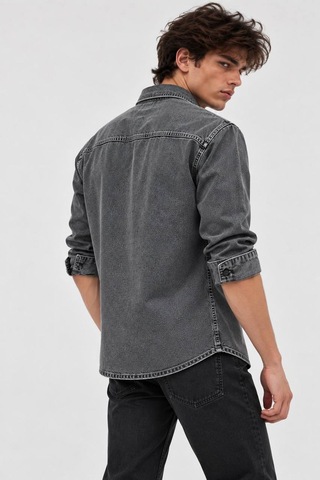 Little Cup Jeans Co Siyah Kar Yıkama Premium Tok Kumaş Çift Cep 90lar Erkek Denim Kot Gömlek Antrasit