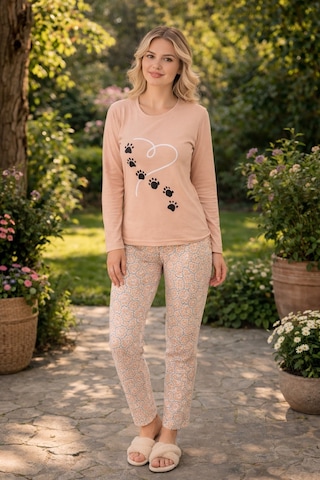 Rindahomewear Kadın Patili Süprem Uzun Kol Pijama Takımı Bej