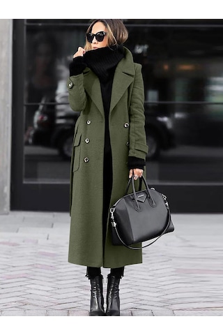 Kadın Sonbahar Ve Kış Yün Palto Ordu Yeşili