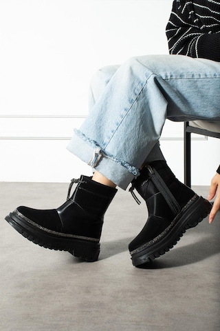 Shoetek Gavia Kadın Kar Botu Fermuarlı Taşlı Paraşüt Kumaş Siyah Siyah