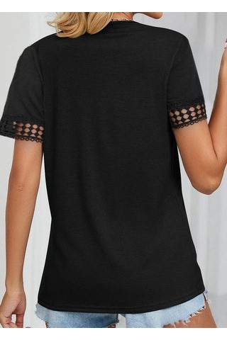 The İstanbul Kadın Kısa Kollu V Yaka Dantel Yakalı Viskon Bluz Siyah