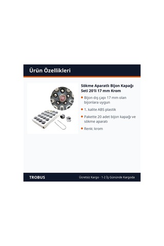 Trobus Sökme Aparatlı Bijon Kapağı Seti 20'li 17 Mm Krom