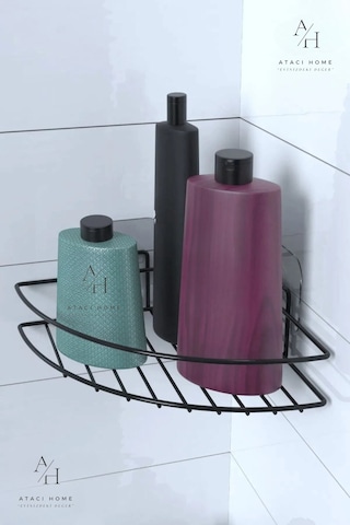 Atacı Yapışkanlı 2 Li Set Banyo Köşeliği Köşe Rafı Duş Şampuanlık Duvar Düzenleyici Organizer Raf Siyah