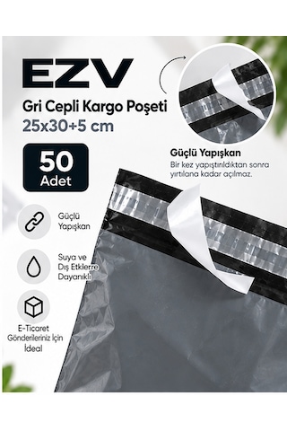 Gri Cepli Kargo Poşeti 25x30+5 Cm 50 Adet Yapışkanlı, Şeffaf Evrak Cepli