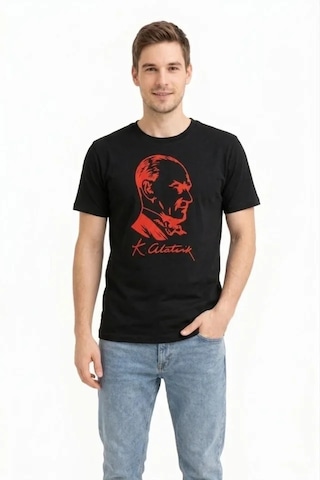 Dogutrend Erkek Atatürk Baskılı Tişört Kısa Kollu Bisiklet Yaka T-shirt - Siyah