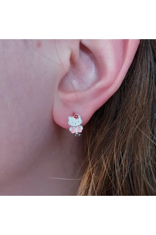 Magrib Pembe Renk Hello Kitty Model Gümüş Çocuk Küpesi