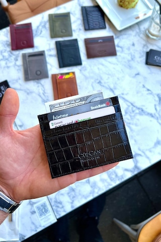 Unisex Mia Croco Siyah Gerçek Hakiki Deri Ultra Ince Dokulu Kartlık Croco Siyah