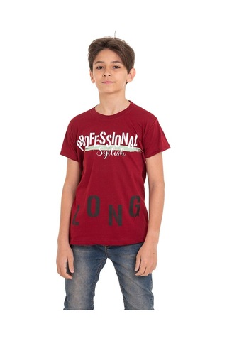 Bordo Long Baskılı Bisiklet Yaka 13-16 Yaş Tişört 2012-5 Bordo