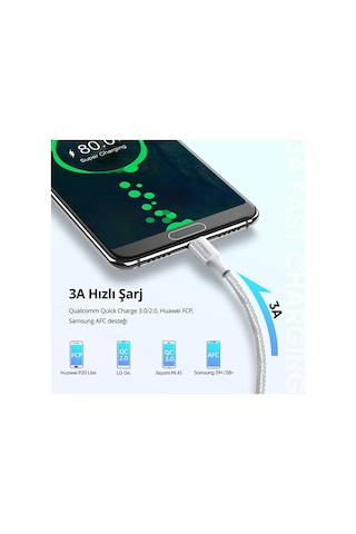 4 Adet Ugreen Usb-c To Usb-a 3a Qc Örgülü Hızlı Şarj Kablosu 2 Metre Gümüş Beyazı 60133