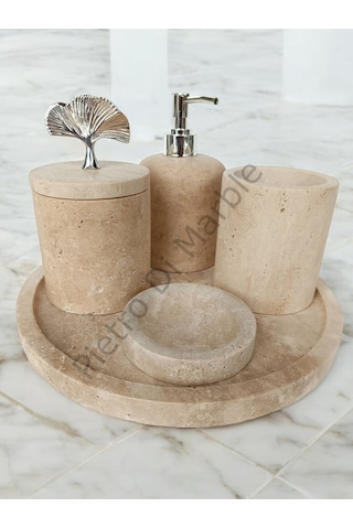 Sarı Traverten Klasik Model 5 Parça Gümüş Renk Japon Gülü Aksesuarlı Banyo Seti Sarı Traverten