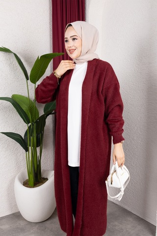 Hira Life Fashion Kadın Şal Yaka Uzun Triko Ve Sakallı Tüylü Hırka Bordo Bordo