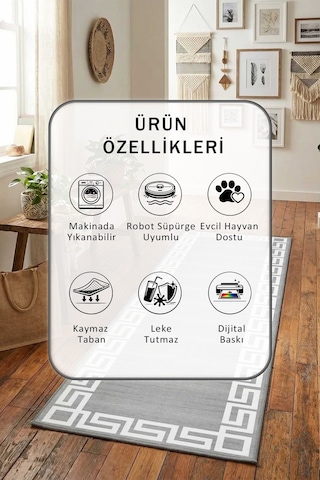 Versusmilat Gri Beyaz Salon Mutfak Yatak Odası Yıkanabilir Yolluk Beyaz - Gri