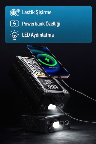 Şarjlı Araç Kompresörü 50w Dijital Basınç Ölçer & Led Işıklı Taşınabilir Hava Pompası