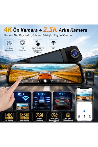 Pasens Araç Dikiz Aynası Dvr 4k Ultra Hd Ön + 1080p Arka Kamera, 10" Ips Dokunmatik Ekran, Wifi & App Kontrolü, Süper Gece Görüş, Bsd