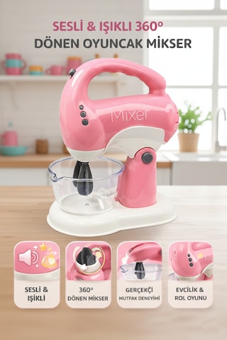 Sesli Işıklı Pilli 360 Derece Dönen Full Fonksiyon Mikser- Pilli Mixer Oyuncak Mikser Hamur Makinesi Pembe