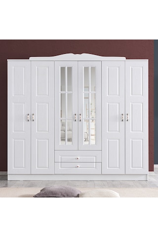 Country West 6 Kapaklı Çekmeceli Aynalı Mdf Dolap - Beyaz