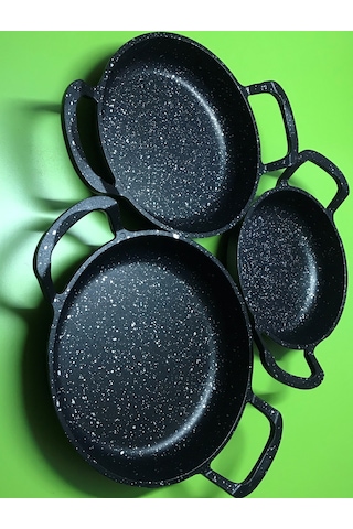 Ultra Lüx 3’lü Set Döküm Siyah Granit Sahan Tava 22cm-20cm-18cm