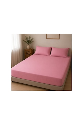 Çift Kişilik Lastikli Çarşaf Takımı 2 Adet Yastık Kılıflı 50x70 180x200+30 %100 Pamuk Koyu Pembe