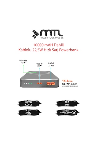 10000 Mah 15w+22.5w Turbo Şarj Dahili Kablolu 37.5w Led Göstergeli Pd Ve Qc 3.0 Powerbank Mt4610 Çok Renkli