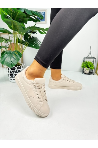 Günlük Kadın Sneaker Bağcıklı Yıldız Detaylı Tırtıklı Taban Oval Burunlu Rahat Spor Ayakkabı 602 Bej