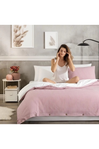 Çift Kişilik %100 Pamuk Ranforce Düğmeli Nevresim Takımı Lastikli Çarşaflı 200x220 Cm Pembe Pembe