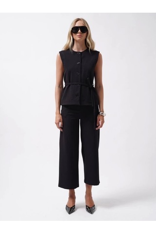 Kuşaklı Dokuma Yelek Siyah