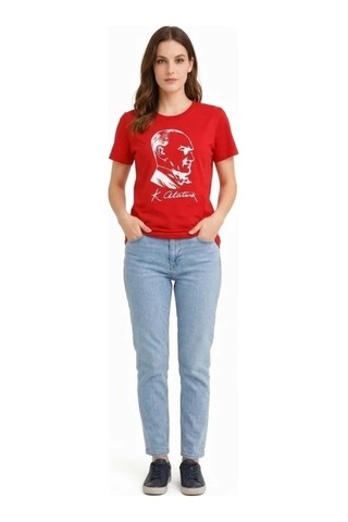 Efnaz Style Atatürk Baskılı Tişört Kısa Kollu Bisiklet Yaka T-shirt - Kırmızı Kirmizi