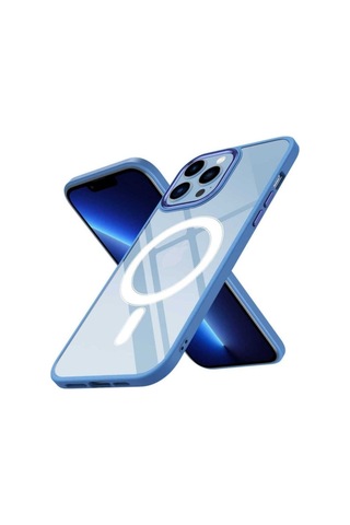 Apple Uyumlu iPhone 12 Pro Max Kılıf Wireless Şarj Özellikli Zore Krom M-safe Silikon Kapak Mavi