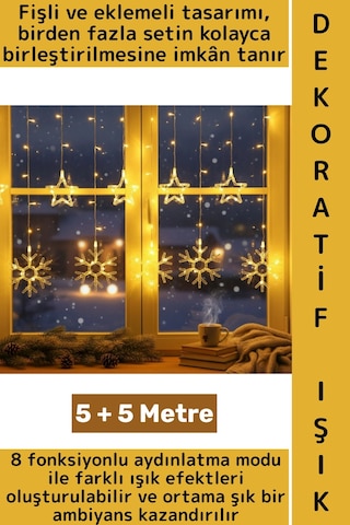 Wintoup Dış Mekan Balkon Vitrin Süsleme 8 Mod Fişli Eklemeli 5+5 Metre 10 Saçaklı Kar Tanesi Perde Led Işık Çok Renkli