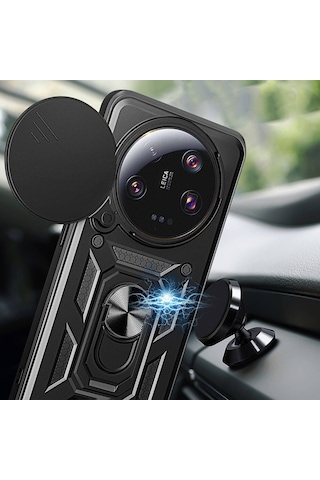 Xiaomi Mi 13 Ultra Kılıf Sürgülü Kamera Koruyucu Manyetik Standlı Tank Koruma Pazarplus Siyah