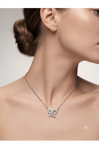 Kadın Kelebek Model Taşlı Gümüş Kolye Gümüş