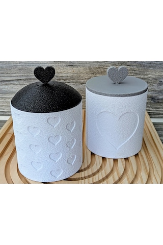 Buradabulabilirsin 3d Baskı 2li Kalp Desenli Kapaklı Kavanoz Seti Kalp Tepelikli Dekoratif Saklama Kabı 8x8,5 Cm Bbz